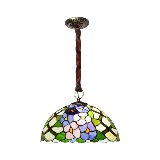 Tiffany Handcrafted Stained Glass Bronze Ceiling Chandelier - Domed Suspension Pendant with 3 Flower Patterned Heads