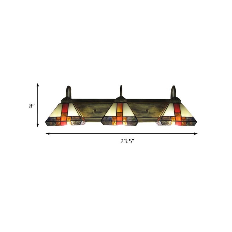 Stained Glass Mission Wall Sconce Light: Triple Light Cone Vanity Lamp In Aged Brass