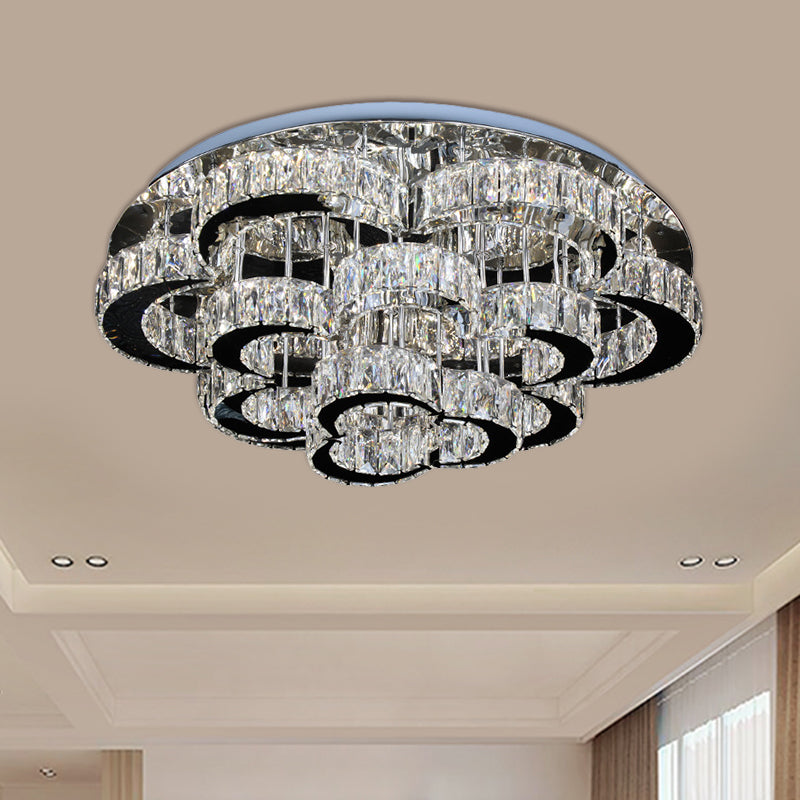 Modernist Crystal LED Ceiling Fixture in Chrome - Tiered Floral Design with Remote Control Dimming