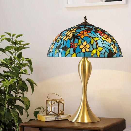 Lucie - Blue Flower Stained Glass Dome Nightstand Lamp – Mediterranean Style