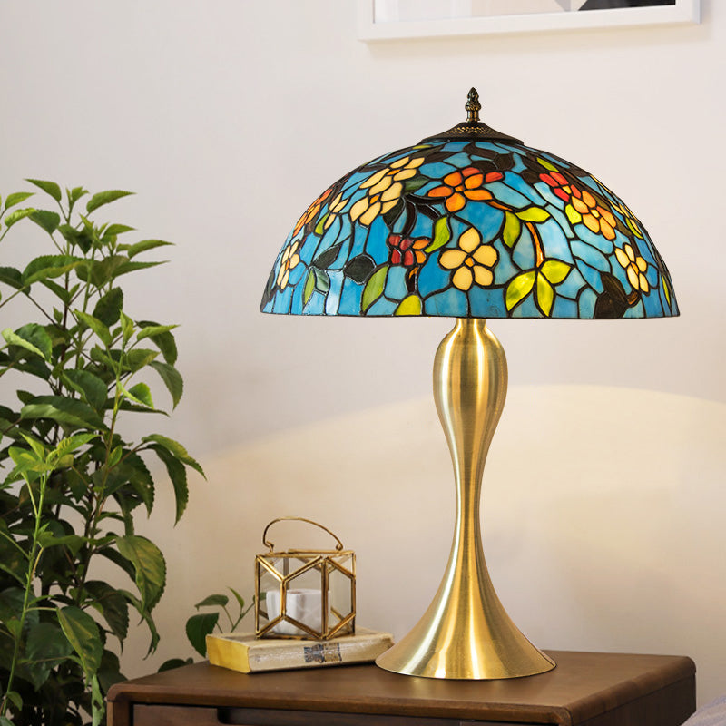 Mediterranean Dome Stained Glass Nightstand Lamp - Blue 1-Light Task Lighting With Flower Pattern