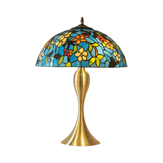 Mediterranean Dome Stained Glass Nightstand Lamp - Blue 1-Light Task Lighting With Flower Pattern