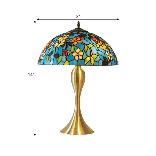 Mediterranean Dome Stained Glass Nightstand Lamp - Blue 1-Light Task Lighting With Flower Pattern