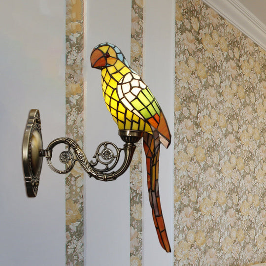 Handcrafted Stained Glass Parrot Wall Mount Lamp - Classic 1 Light Feature With White/Red/Yellow