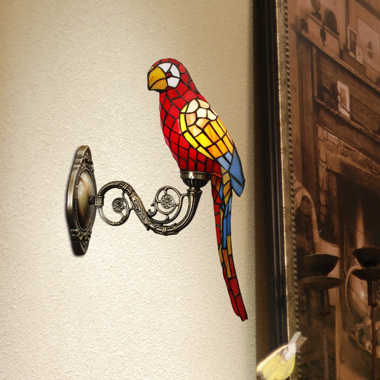 Handcrafted Stained Glass Parrot Wall Mount Lamp - Classic 1 Light Feature With White/Red/Yellow