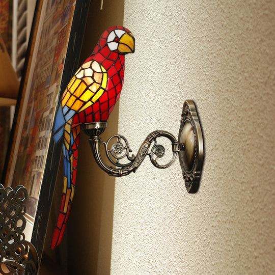 Handcrafted Stained Glass Parrot Wall Mount Lamp - Classic 1 Light Feature With White/Red/Yellow