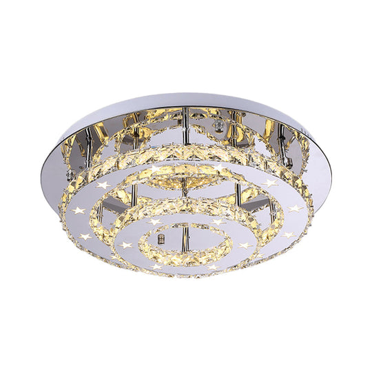 Minimalism Led Chrome Tiered Circle Ceiling Flush Mount With Crystal Shade In Warm/White Light