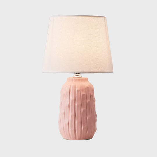 Modernist Conical Table Lamp With Ceramic Base In White/Pink/Blue Shades