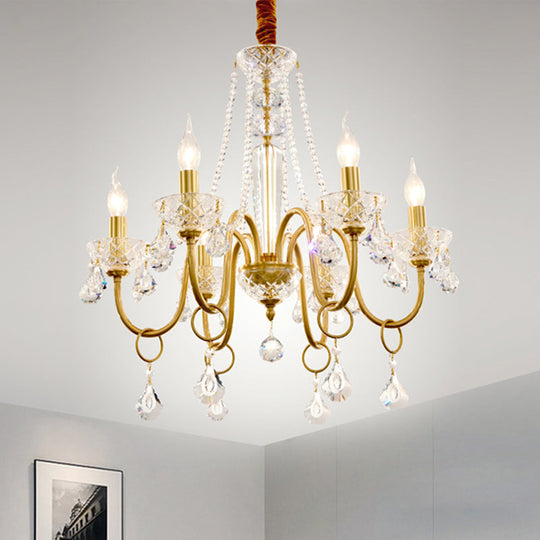 Gold Swirled Arm Pendant Chandelier With Crystal Droplets - 6-Bulb Metal Hanging Light Fixture