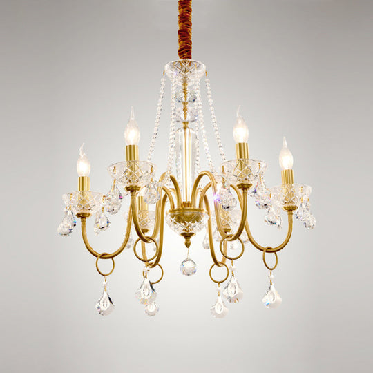 Gold Swirled Arm Pendant Chandelier With Crystal Droplets - 6-Bulb Metal Hanging Light Fixture