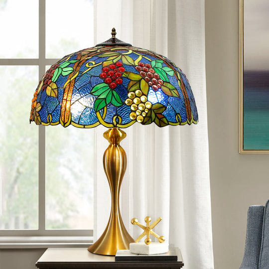 Brass Table Lamp: Dome Nightstand Lighting With Hand Cut Glass And Grapes Pattern