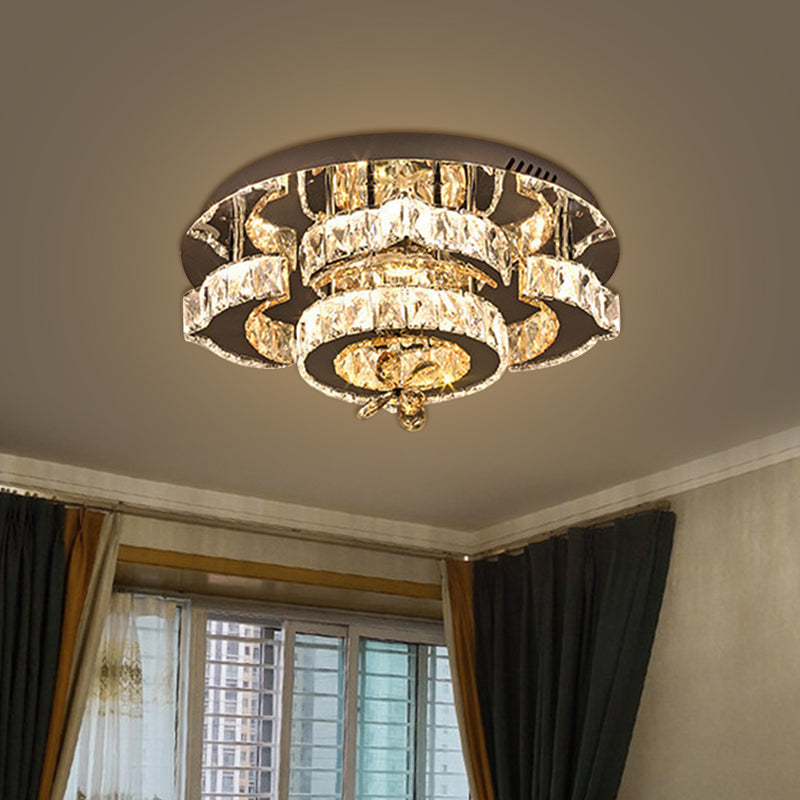 Minimalist Led Chrome Ceiling Light With Bloom Faceted Crystal - Semi Flush Mount Fixture