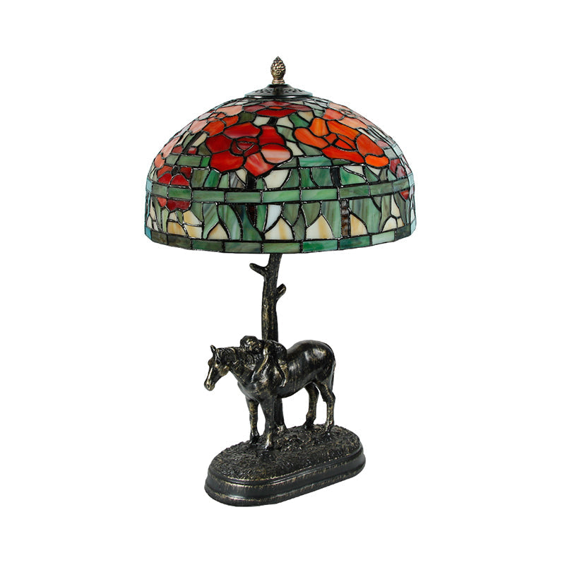 Antique Resin Horse Nightstand Lamp - Bronze With Glass Shade