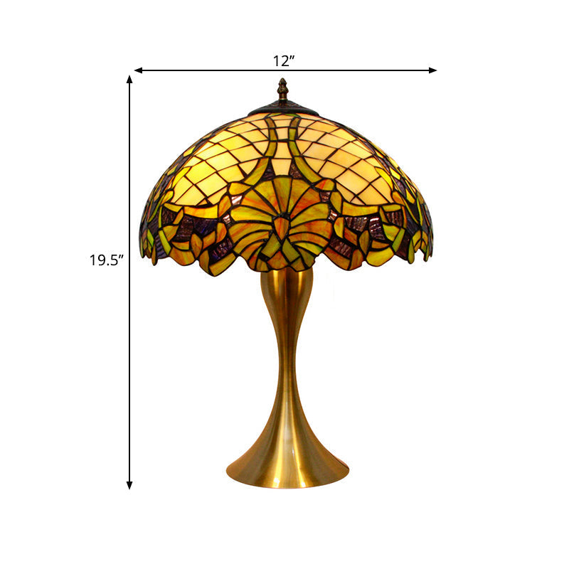 Brass Table Lamp With Hand-Cut Glass Shade - Baroque Style 1-Light Nightstand Illuminator Pull-Chain