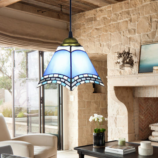 Blue Geometric Glass Ceiling Light For Mediterranean Living Room