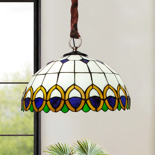 Bronze Ceiling Light Dome with Cut Glass, Peacock Feather Pattern - Mediterranean Chandelier