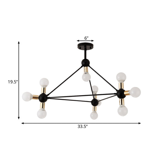 Contemporary Metal 10-Light Black Semi Flush Ceiling Light With Naked Bulb Design