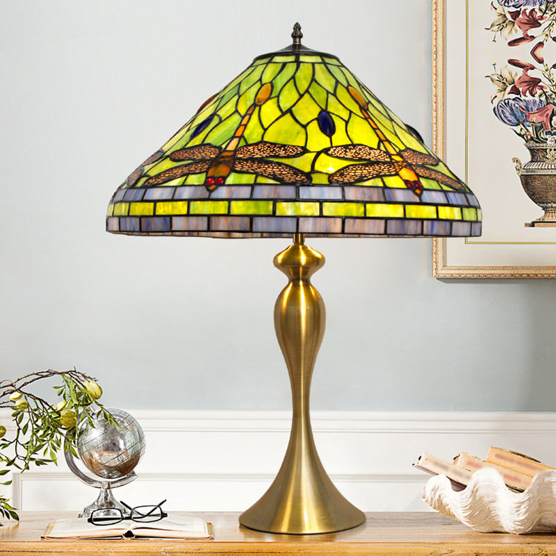 Handcrafted Art Glass Table Lamp With Dragonfly Pattern In Brass Finish