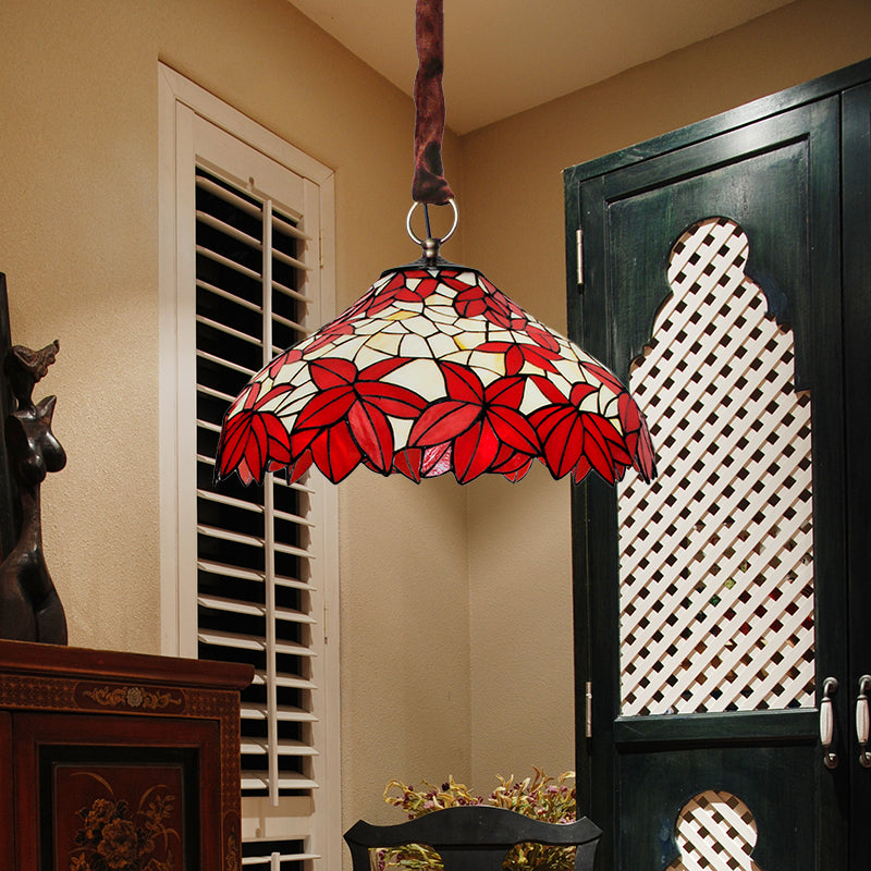 Vintage Hand-Cut Glass Maple Leaf Chandelier With 3 Red Pendant Lights