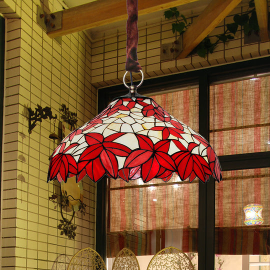 Vintage Hand-Cut Glass Maple Leaf Chandelier - Red 3-Light Pendant Fixture