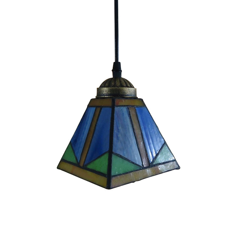 Tiffany Blue Geometric Stained Glass Pendant Light For Dining Room Ceiling