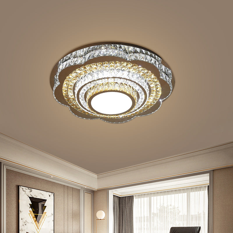 Modern Floral Crystal Block LED Ceiling Flushmount in Chrome - Warm/White Light