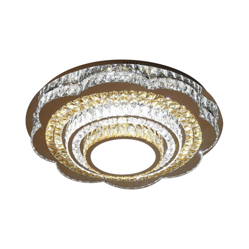 Modern Floral Crystal Block LED Ceiling Flushmount in Chrome - Warm/White Light