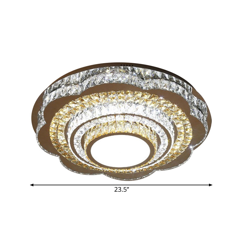 Modern Floral Crystal Block LED Ceiling Flushmount in Chrome - Warm/White Light