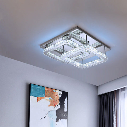 Modern Crystal Led Ceiling Light In Warm/White - Square Cut Design 19.5/23.5 Width Chrome Finish /