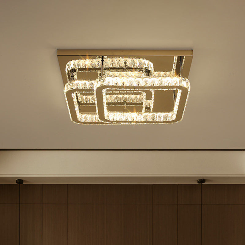 Modern Crystal LED Ceiling Light in Warm/White - Square Cut Design, 19.5"/23.5" Width, Chrome Finish