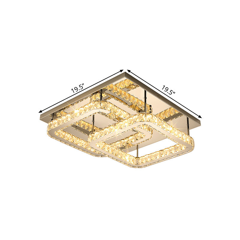 Modern Crystal LED Ceiling Light in Warm/White - Square Cut Design, 19.5"/23.5" Width, Chrome Finish