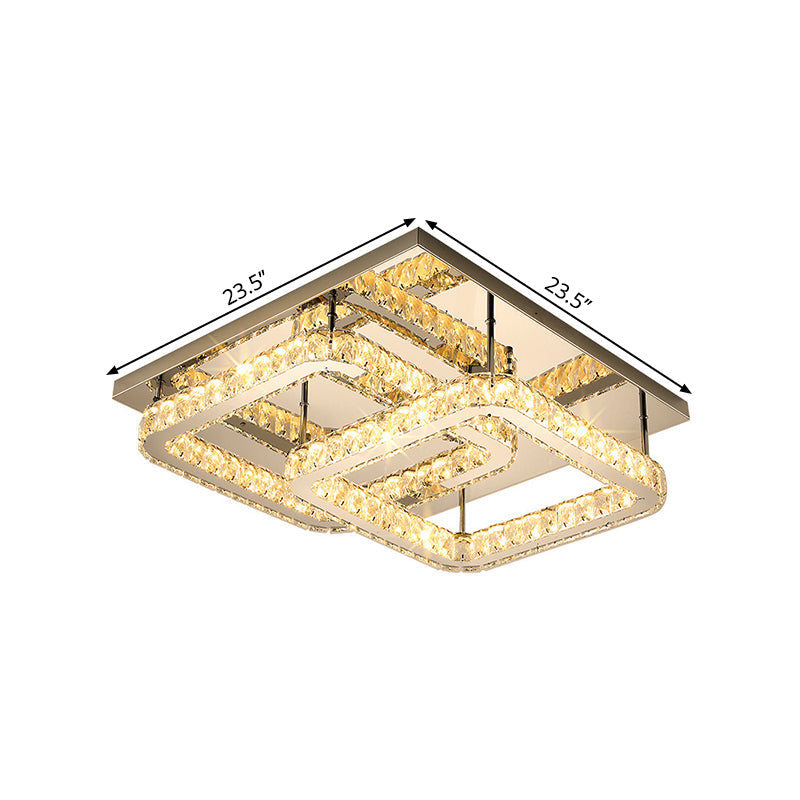 Modern Crystal LED Ceiling Light in Warm/White - Square Cut Design, 19.5"/23.5" Width, Chrome Finish