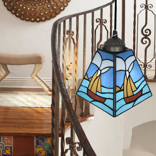 Tiffany Blue Geometric Stained Glass Pendant Light For Dining Room Ceiling / Boat