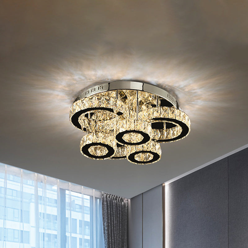 LED Chrome Circles Semi-Flush Mount Ceiling Light with Crystal Block Shade - Warm/White Lighting