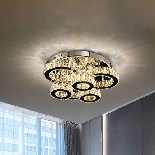 Led Chrome Circles Semi-Flush Mount Ceiling Light With Crystal Block Shade - Warm/White Lighting /