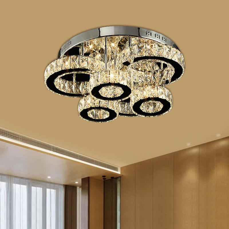 LED Chrome Circles Semi-Flush Mount Ceiling Light with Crystal Block Shade - Warm/White Lighting