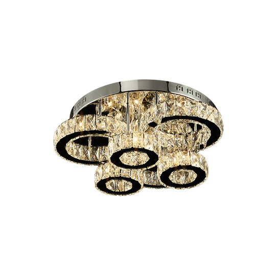 Led Chrome Circles Semi-Flush Mount Ceiling Light With Crystal Block Shade - Warm/White Lighting