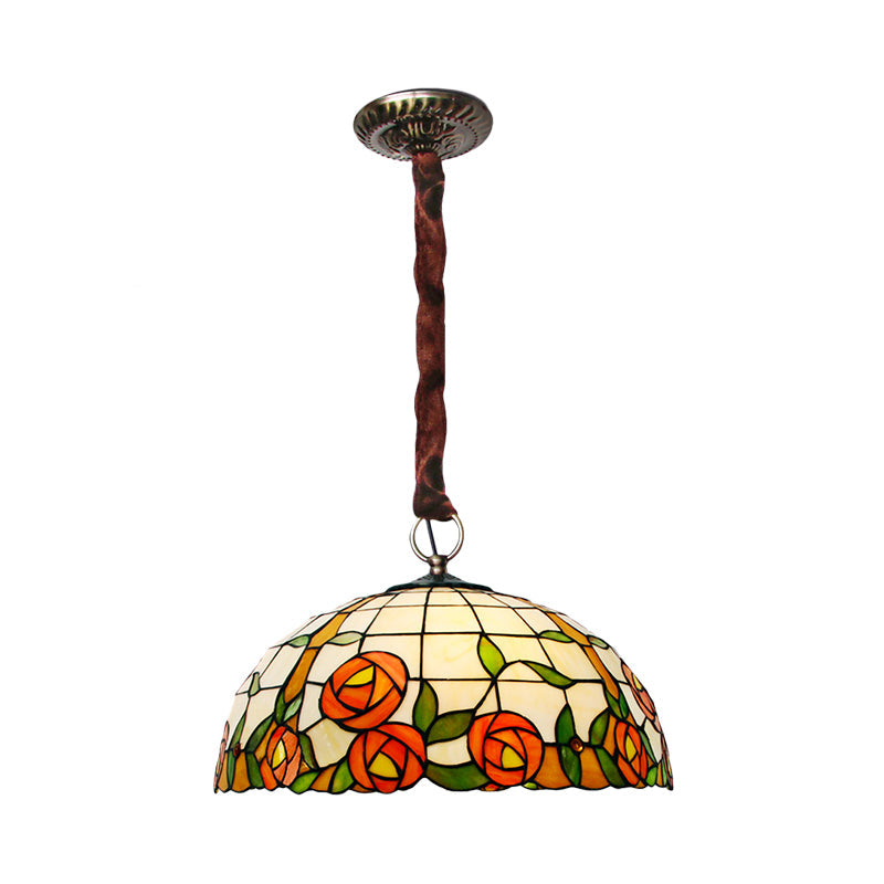 Victorian Stained Glass Chandelier with Rose Pattern - 5 Lights, Bronze Finish