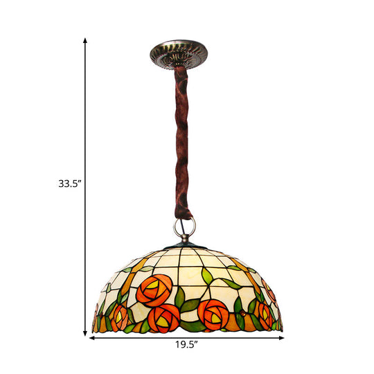 Victorian Stained Glass Chandelier with Rose Pattern - 5 Lights, Bronze Finish