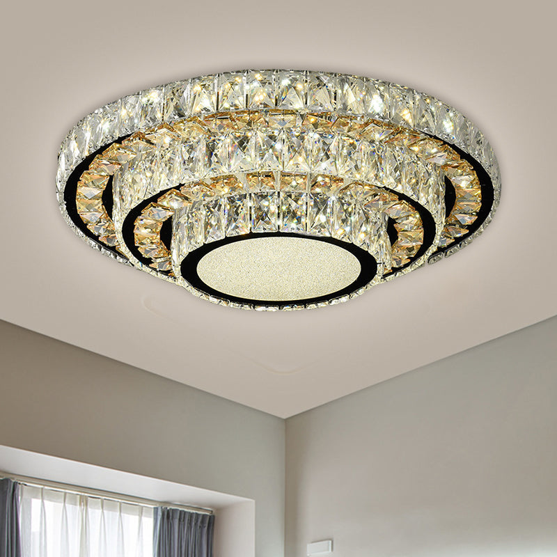 Modern Flush-Mount Led Ceiling Light With Stainless-Steel Layered Circle And Beveled Crystal For