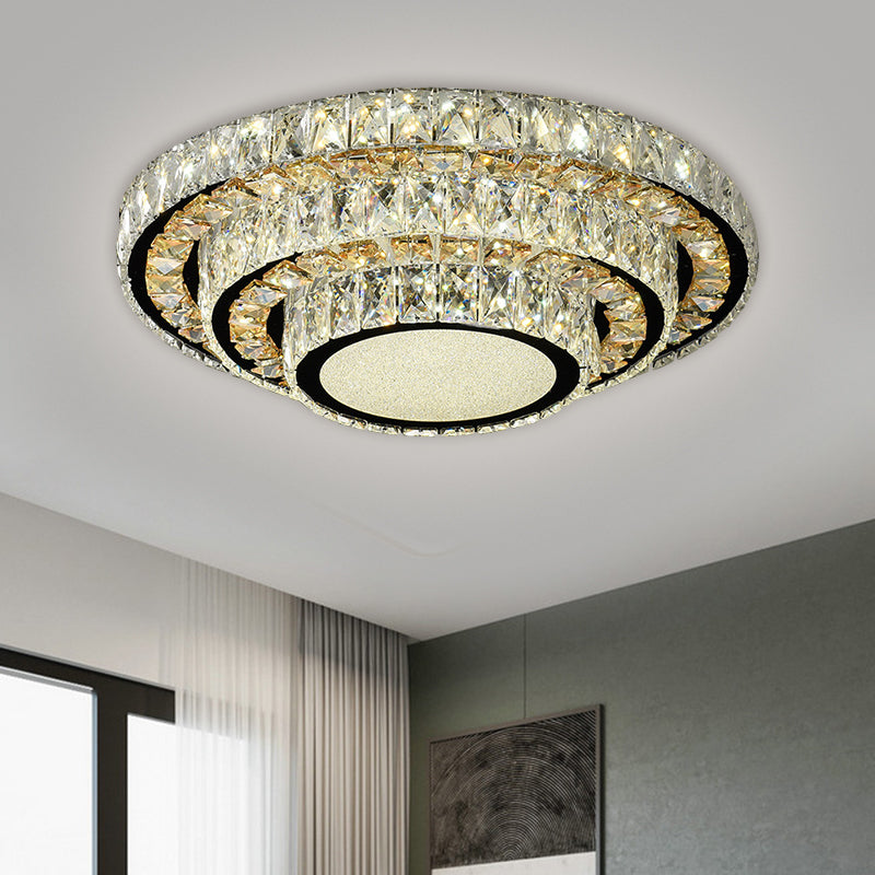 Modern Flush-Mount LED Ceiling Light with Stainless-Steel Layered Circle and Beveled Crystal for Bedroom