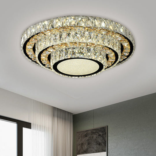 Modern Flush-Mount LED Ceiling Light with Stainless-Steel Layered Circle and Beveled Crystal for Bedroom