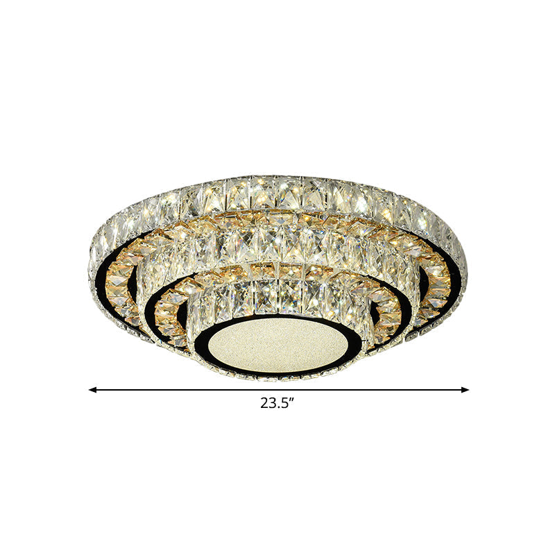 Modern Flush-Mount LED Ceiling Light with Stainless-Steel Layered Circle and Beveled Crystal for Bedroom