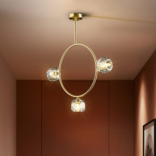 Minimal Loop Semi Flush Metal 3/6 Head LED Ceiling Light in Gold with Crystal Shade