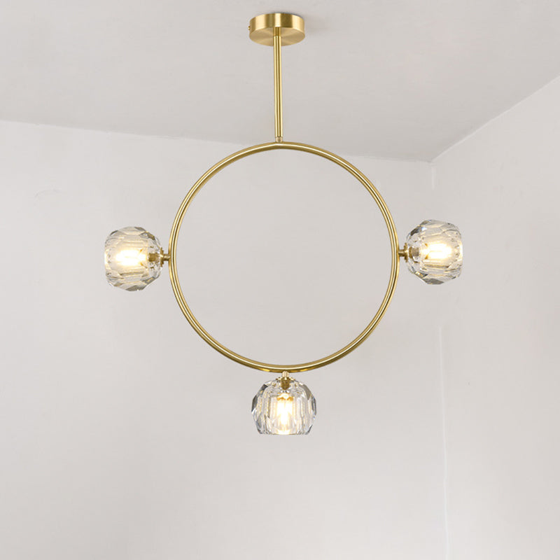 Minimal Loop Semi Flush Metal 3/6 Head LED Ceiling Light in Gold with Crystal Shade