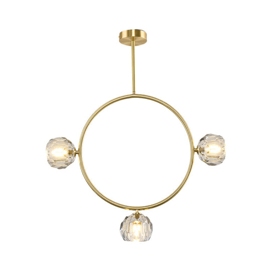 Minimal Loop Semi Flush Metal 3/6 Head LED Ceiling Light in Gold with Crystal Shade