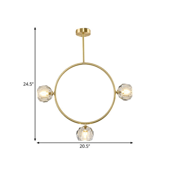 Minimal Loop Semi Flush Metal 3/6 Head LED Ceiling Light in Gold with Crystal Shade