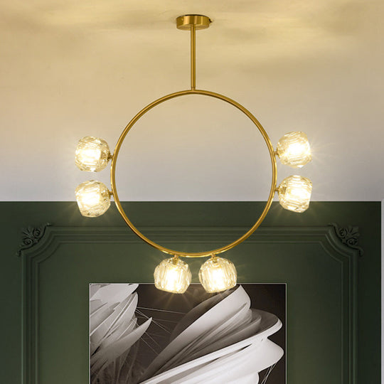 Minimal Loop Semi Flush Metal 3/6 Head LED Ceiling Light in Gold with Crystal Shade