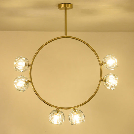 Minimal Loop Semi Flush Metal 3/6 Head LED Ceiling Light in Gold with Crystal Shade