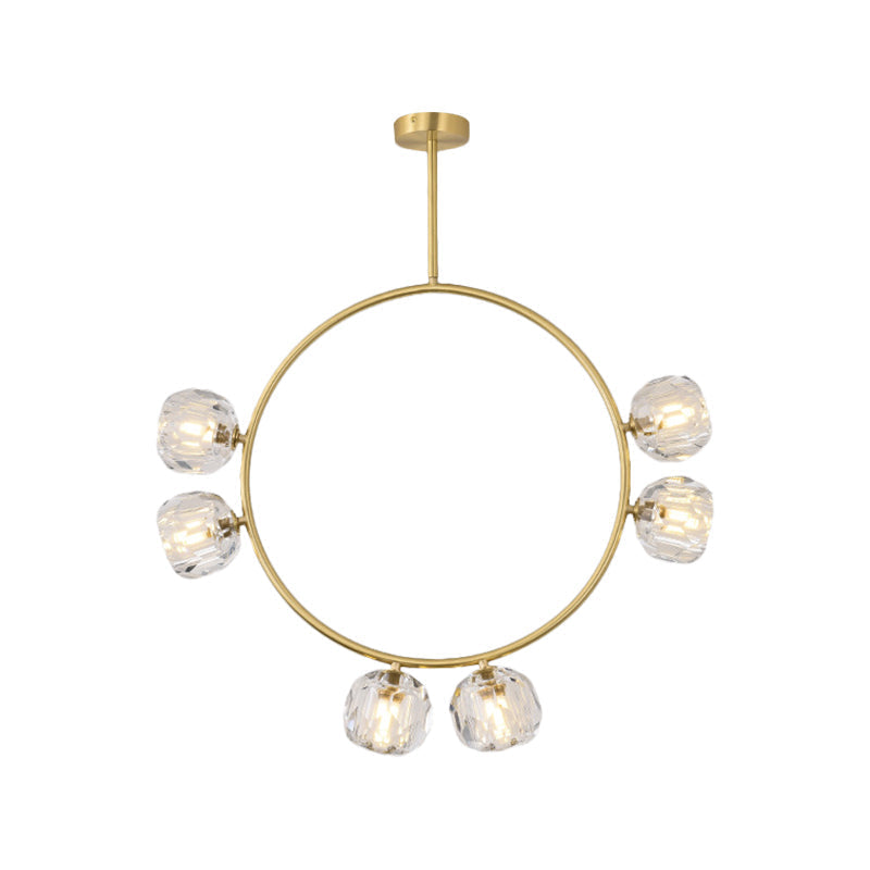 Minimal Loop Semi Flush Metal 3/6 Head LED Ceiling Light in Gold with Crystal Shade